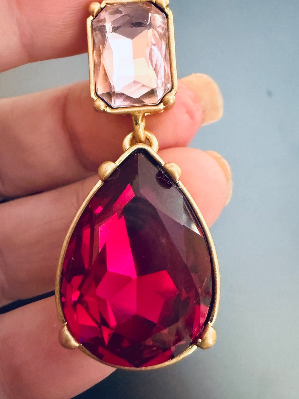 Oscar de la Renta Crystal Drop Teardrop Earrings Ruby Pink SIGNED Pierced/POST - Picture 10 of 10